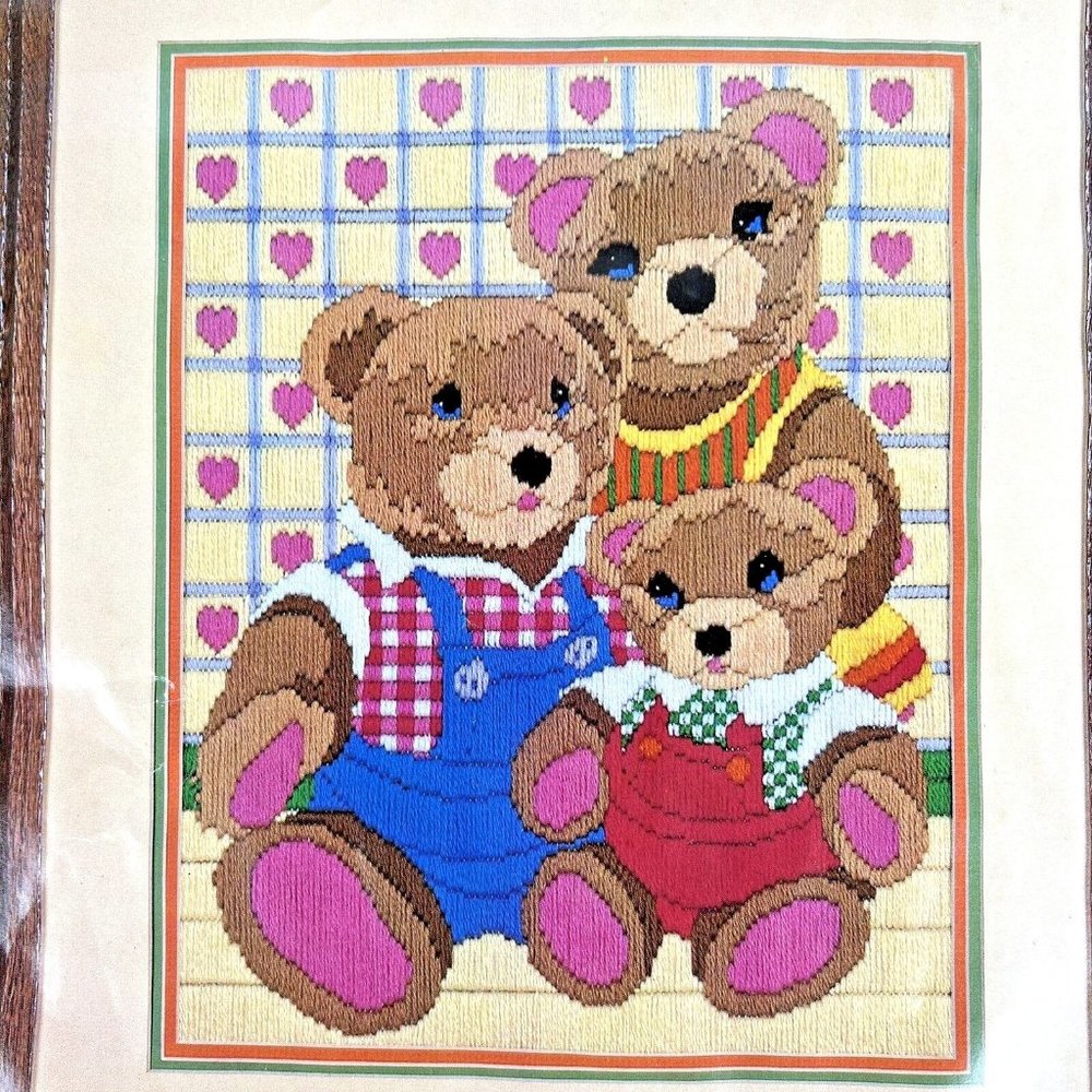 1982 Monarch Horizons And Baby Makes Three Long Stitch Crewel Kit Bear LS 64